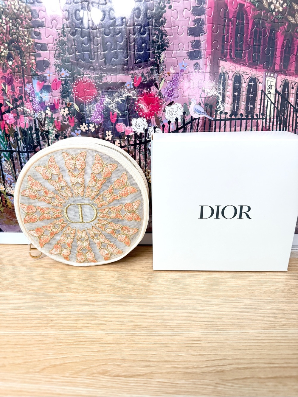 Dior Round Embroidered Butterfly Pouch - Beige & Peach 2026 limited edition